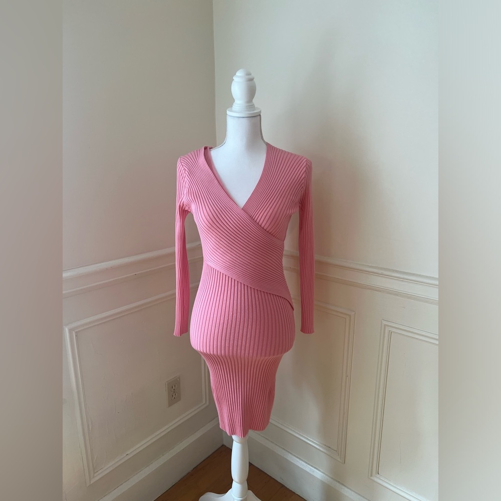 Pink Bodycon Knit Wrap Midi Sweater Dress